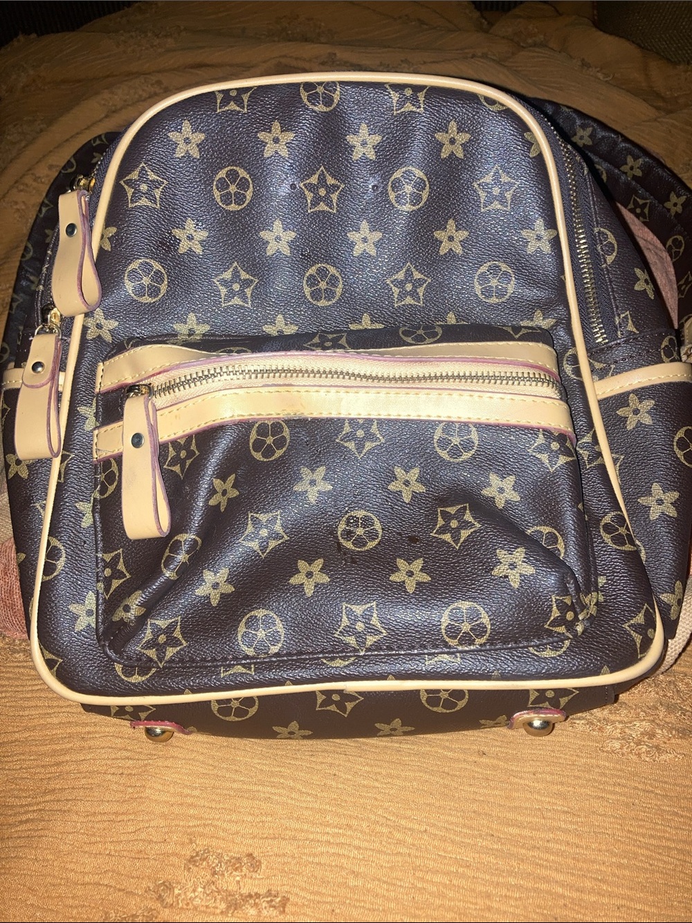 Brown monogramed Women's Backpack with Beige Trim